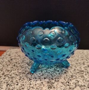 Elegant Blue Glass. Fenton Colonial Hobnail Candy Dish. Tri Footed Blue Glass.